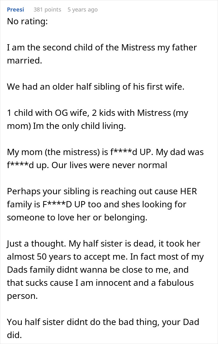 Text post revealing family conflicts involving a stalker half-sister airing dirty laundry online and a woman stopping it. Text post revealing family conflicts involving a stalker half-sister airing dirty laundry online and a woman stopping it.