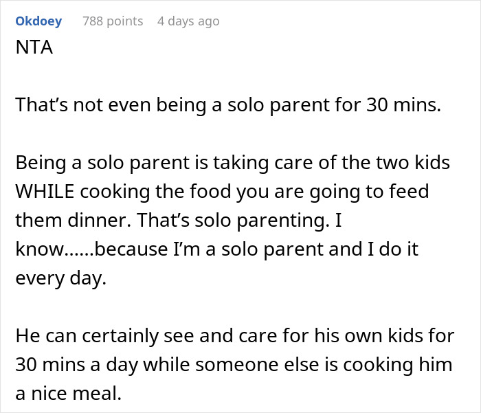 Screenshot of a Reddit comment discussing solo parenting and watching kids for 30 minutes while cooking. Screenshot of a Reddit comment discussing solo parenting and watching kids for 30 minutes while cooking.