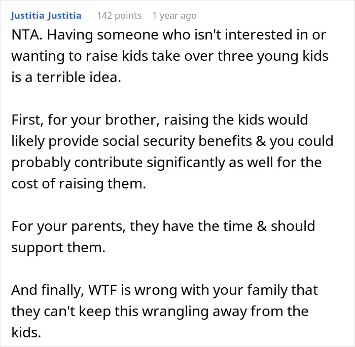 Alt text: Screenshot of a supportive comment discussing challenges when a woman uninterested in kids must raise her late sister’s children. Alt text: Screenshot of a supportive comment discussing challenges when a woman uninterested in kids must raise her late sister’s children.