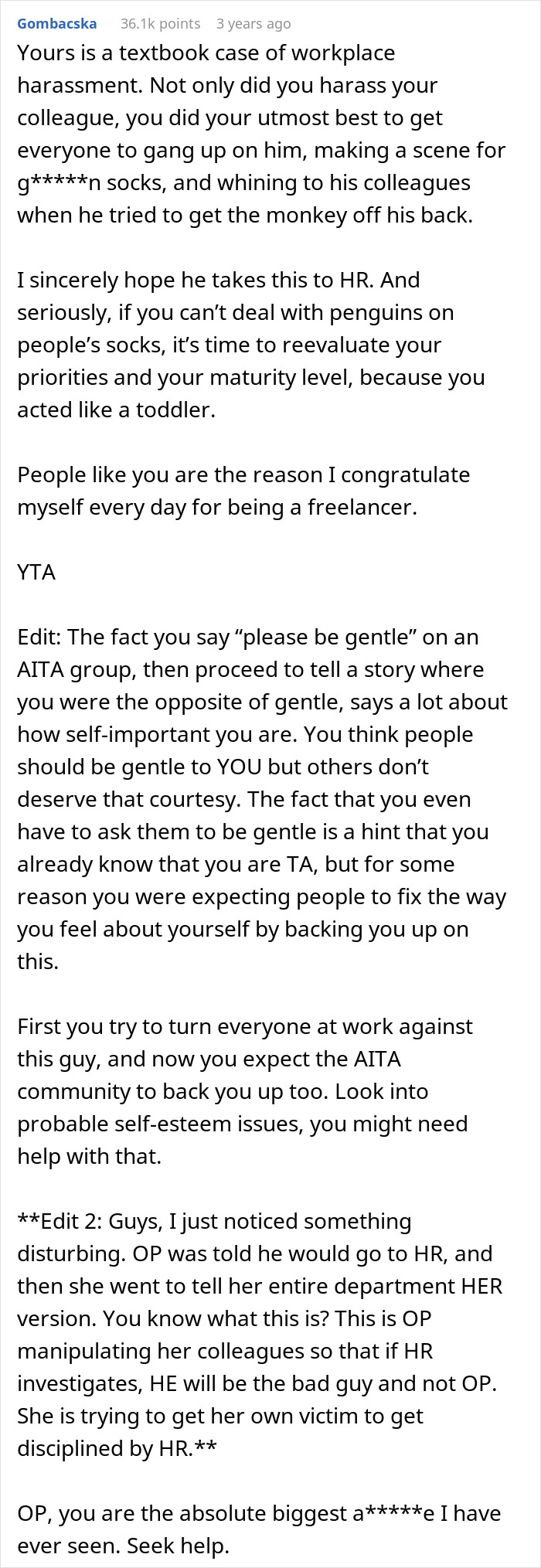 Comment discussing workplace harassment with a coworker mocking colorful socks and mention of involving HR.