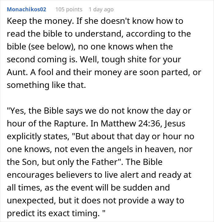 Comment discussing Christian beliefs about the rapture, money, and the unpredictability of the event’s timing. Comment discussing Christian beliefs about the rapture, money, and the unpredictability of the event’s timing.