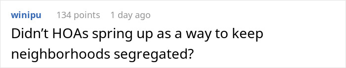Text comment about HOAs and neighborhood segregation, highlighting HOA disputes over a family’s house.