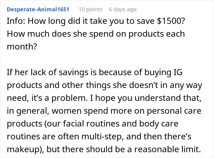 Comment discussing wife's spending habits and lack of savings related to no money no honeymoon husband wife conflict. Comment discussing wife's spending habits and lack of savings related to no money no honeymoon husband wife conflict.