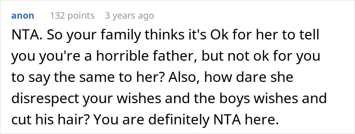 Comment stating the sister forced gender roles on kid and was called an awful mom by sibling in family dispute discussion. Comment stating the sister forced gender roles on kid and was called an awful mom by sibling in family dispute discussion.