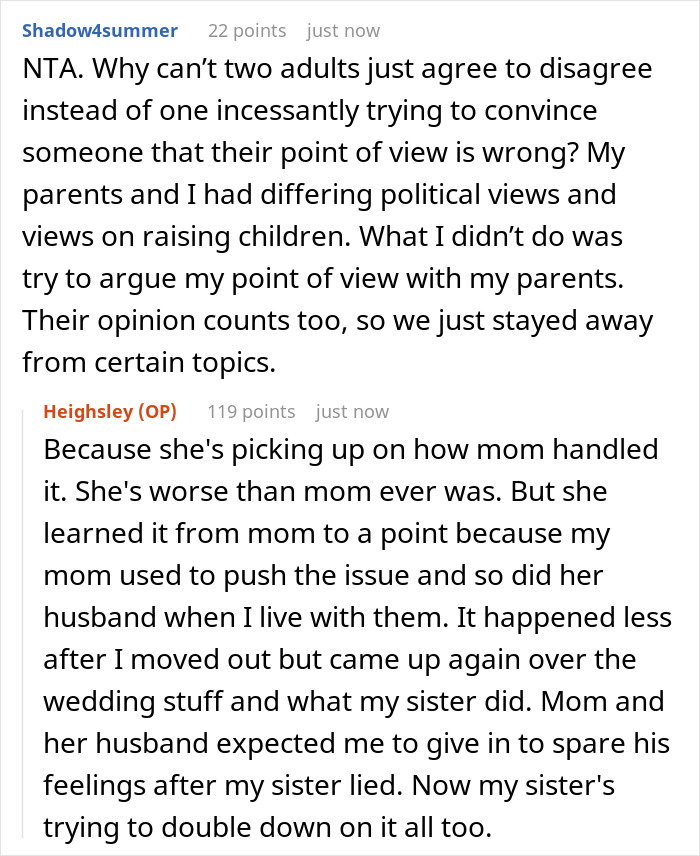 Reddit comments discussing a bride refusing her mom's husband to walk her down the aisle and family conflict with sister.