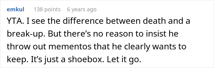 Screenshot of a Reddit comment discussing keeping mementos and the hypocrisy of tossing one ex's memory box but keeping another’s.