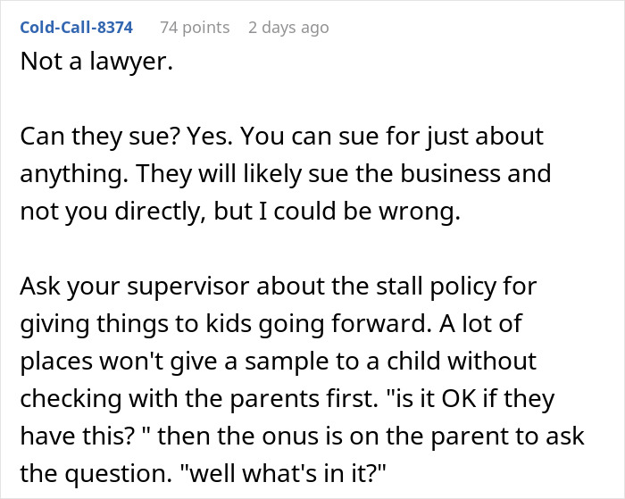 Child with nut allergy receiving a sample from a worker, who is blamed for giving it without parental consent.
