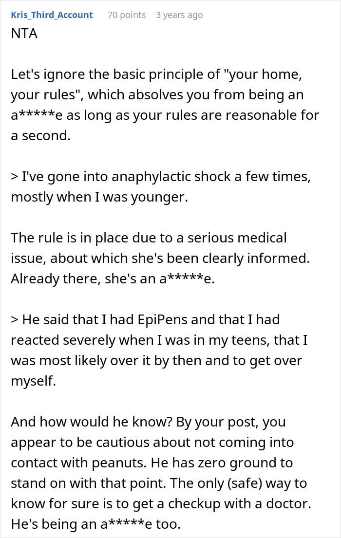Comment discussing woman’s anaphylaxis risk as sister-in-law ignores no-peanut rule and husband sides with sister.