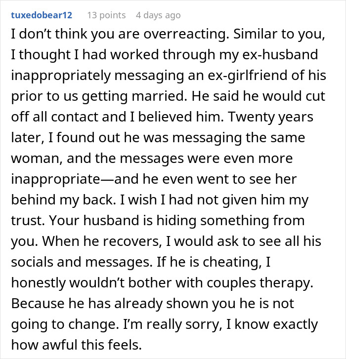 Comment expressing sympathy for a wife left suspicious and confused after checking husband’s phone during surgery. Comment expressing sympathy for a wife left suspicious and confused after checking husband’s phone during surgery.
