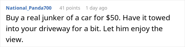 Comment text on white background about buying a junker car for $50 and having it towed into a driveway. Comment text on white background about buying a junker car for $50 and having it towed into a driveway.