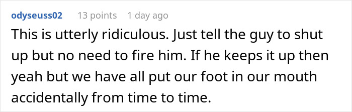 Reddit user commenting on an employee firing after a controversial body-shaming remark made by the CFO. Reddit user commenting on an employee firing after a controversial body-shaming remark made by the CFO.