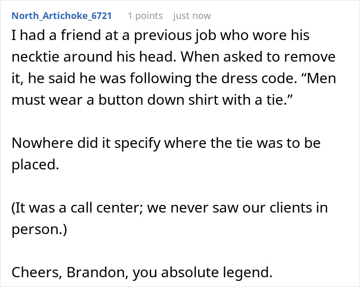 Text post about employees maliciously complying with a strict dress code by wearing ties unusually at work.