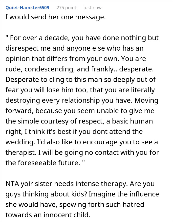 Reddit post discussing a bride refusing to let mom's hubby walk her down the aisle and sister's harsh reaction.