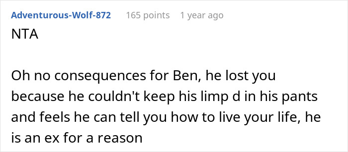Comment about woman upset with cheater ex, explaining no consequences for him and he is an ex for a reason. Comment about woman upset with cheater ex, explaining no consequences for him and he is an ex for a reason.