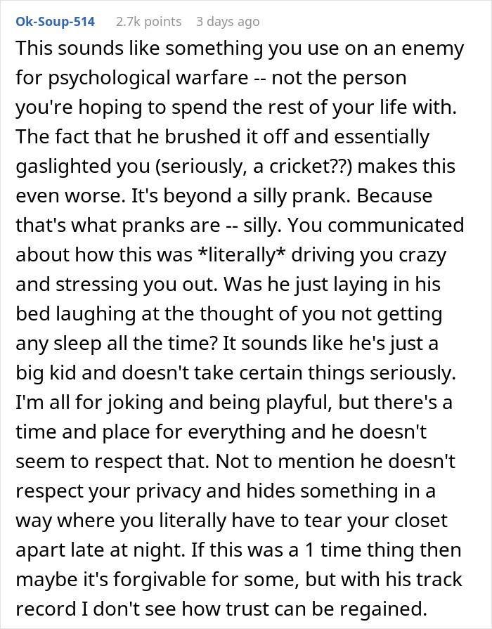 User comment discussing psychological impact and lack of trust after woman finds hidden device planted by boyfriend prank User comment discussing psychological impact and lack of trust after woman finds hidden device planted by boyfriend prank