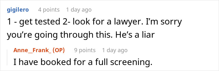Text conversation showing advice to get tested and find a lawyer, relating to a woman learning she was her husband’s second choice. Text conversation showing advice to get tested and find a lawyer, relating to a woman learning she was her husband’s second choice.