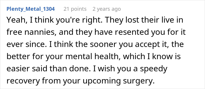 Screenshot of a user comment discussing resentment and mental health related to parents making son raise siblings.