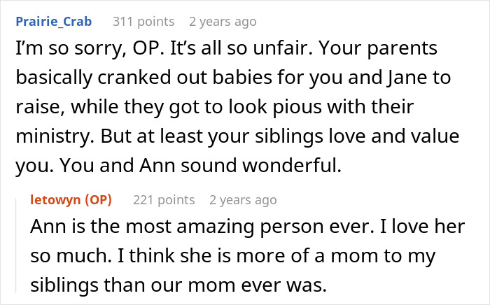 Reddit conversation about parents forcing son to raise seven younger siblings and family dynamics in adulthood.