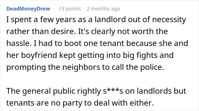 Screenshot of a Reddit comment describing a landlord finally getting rid of horrible tenants after disputes and police involvement. Screenshot of a Reddit comment describing a landlord finally getting rid of horrible tenants after disputes and police involvement.