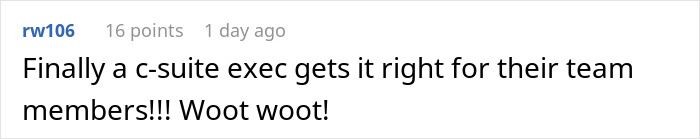 Screenshot of a forum comment praising a c-suite exec for standing up to body-shaming in the workplace. Screenshot of a forum comment praising a c-suite exec for standing up to body-shaming in the workplace.