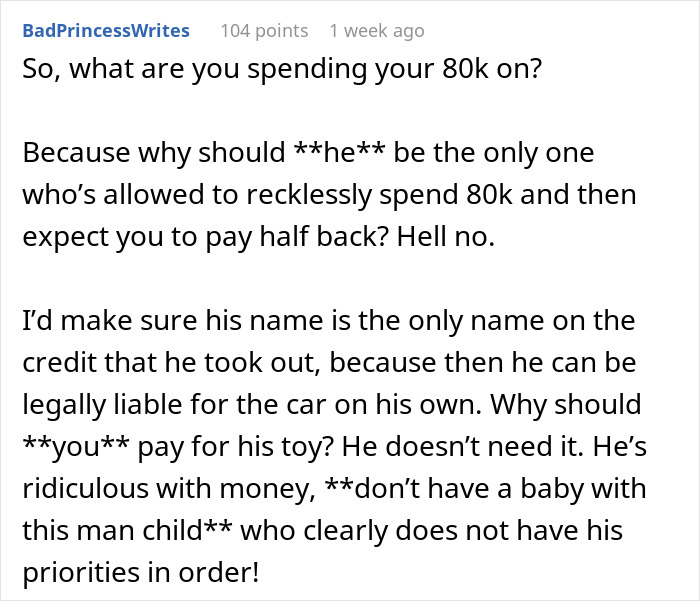 Screenshot of forum post debating hubby prioritizing luxury vehicle purchase over wife's family plans and involving MIL in the buy. Screenshot of forum post debating hubby prioritizing luxury vehicle purchase over wife's family plans and involving MIL in the buy.