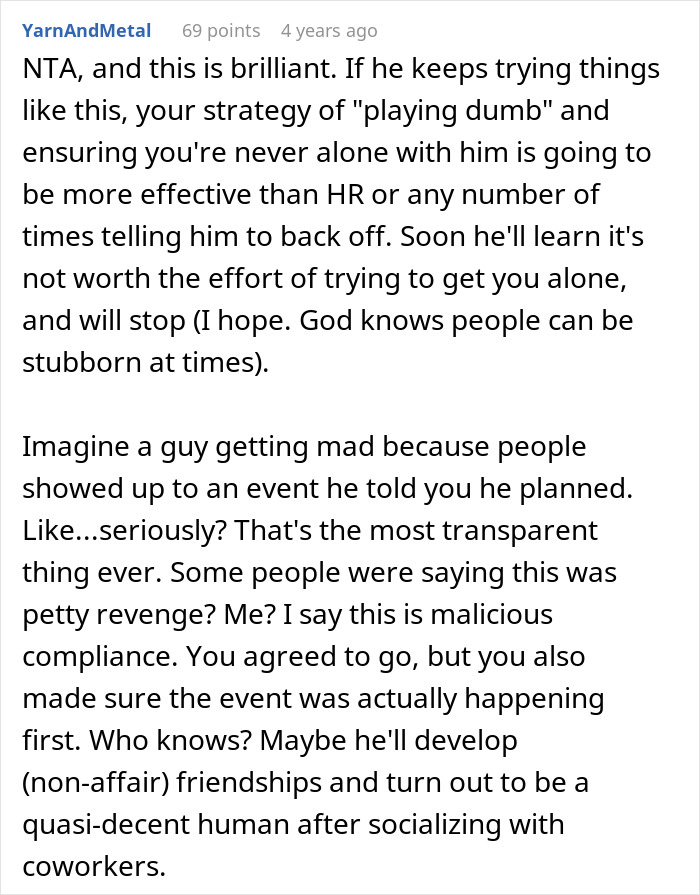 Screenshot of online comment discussing a clever creepy coworker petty response strategy involving playing dumb. Screenshot of online comment discussing a clever creepy coworker petty response strategy involving playing dumb.