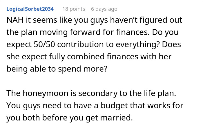 Screenshot of a forum comment discussing finances and budgeting before marriage and honeymoon planning. Screenshot of a forum comment discussing finances and budgeting before marriage and honeymoon planning.