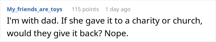 Comment about dad and charity in black text on white background, referencing Christian rapture and money dollars. Comment about dad and charity in black text on white background, referencing Christian rapture and money dollars.