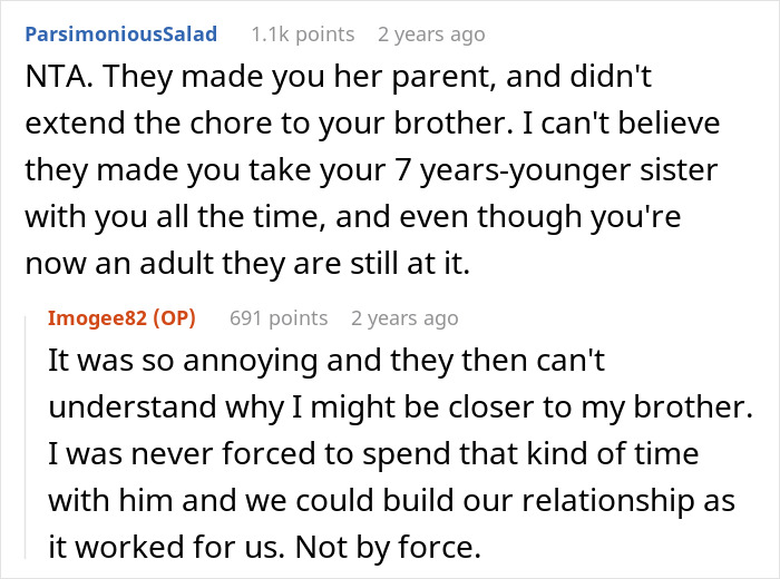 Screenshot of a Reddit discussion about a 19-year-old forced to be a parent to younger sister, while brother is not expected to. Screenshot of a Reddit discussion about a 19-year-old forced to be a parent to younger sister, while brother is not expected to.