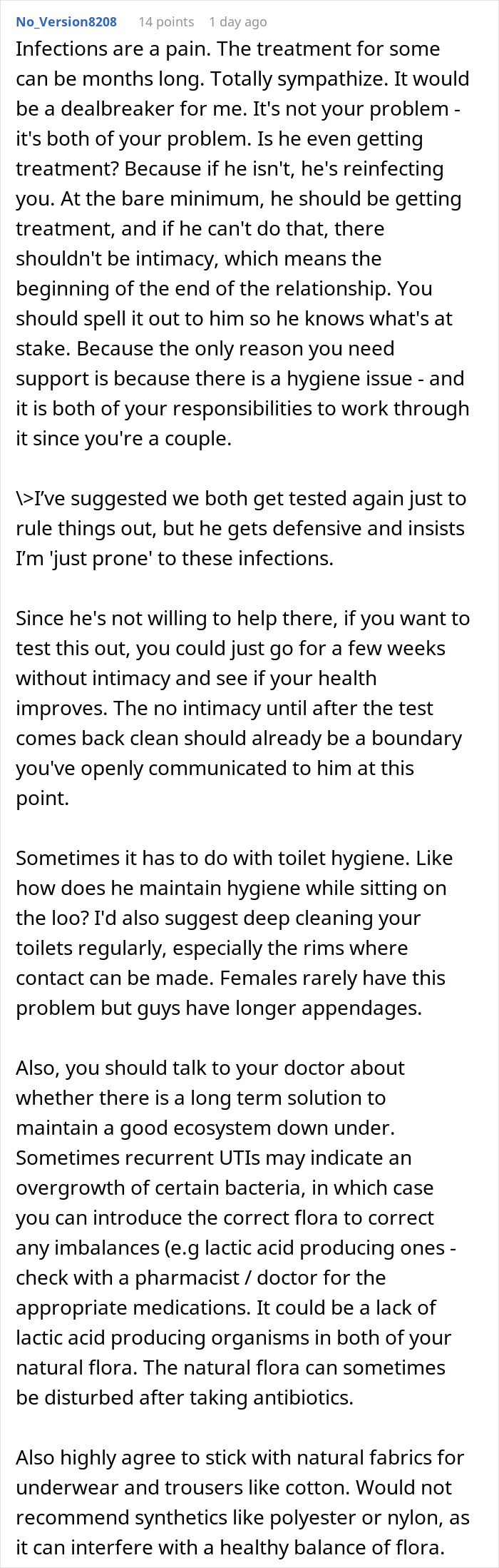 Comment discussing partner's proneness to infections, refusal of testing, and concerns about relationship health boundaries. Comment discussing partner's proneness to infections, refusal of testing, and concerns about relationship health boundaries.