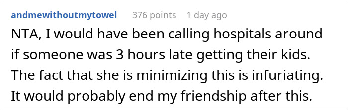 Screenshot of a Reddit comment discussing frustration over a babysitting friend going MIA for hours. Screenshot of a Reddit comment discussing frustration over a babysitting friend going MIA for hours.