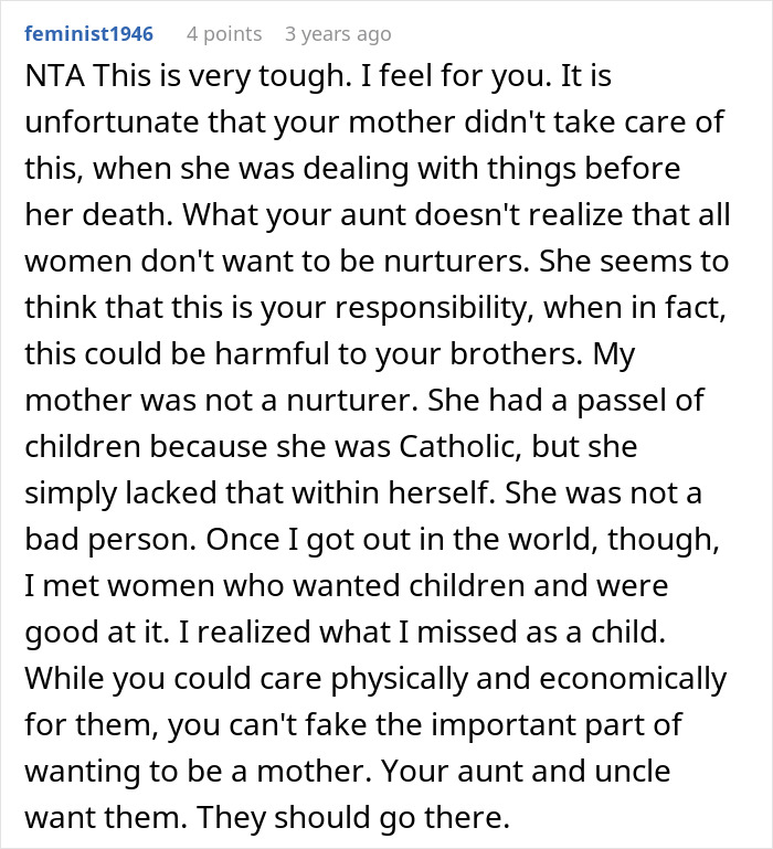 Comment discussing challenges of unwanted siblings adoption and responsibility in family care and nurturing. Comment discussing challenges of unwanted siblings adoption and responsibility in family care and nurturing.