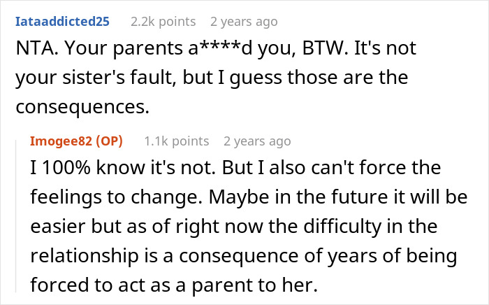 Comments from a forum discussing the struggles of a 19-year-old forced to be a parent to her little sister. Comments from a forum discussing the struggles of a 19-year-old forced to be a parent to her little sister.