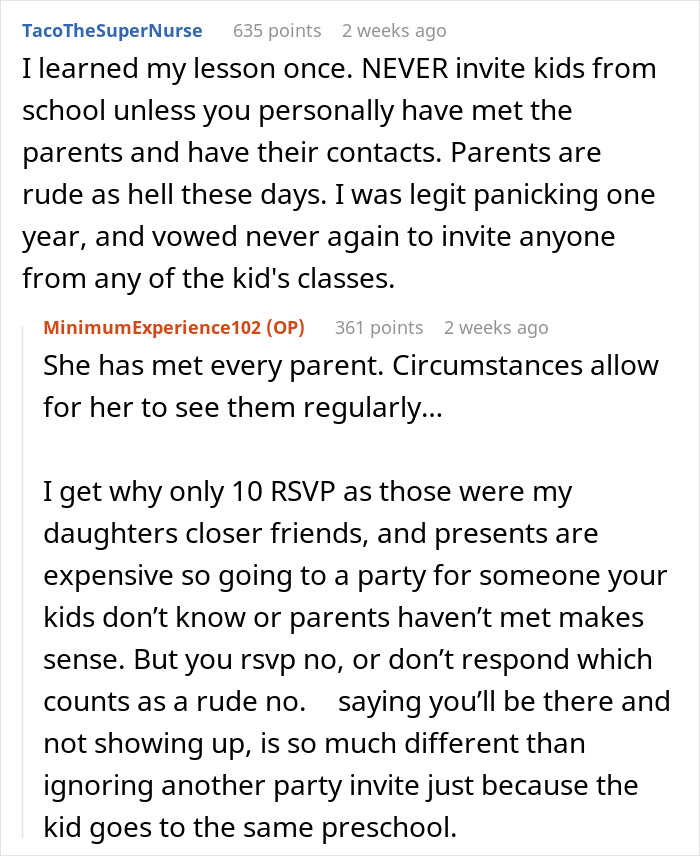 Screenshot of an online discussion where a father expresses frustration over parents who promised to come to his daughter’s birthday but didn’t show up. Screenshot of an online discussion where a father expresses frustration over parents who promised to come to his daughter’s birthday but didn’t show up.