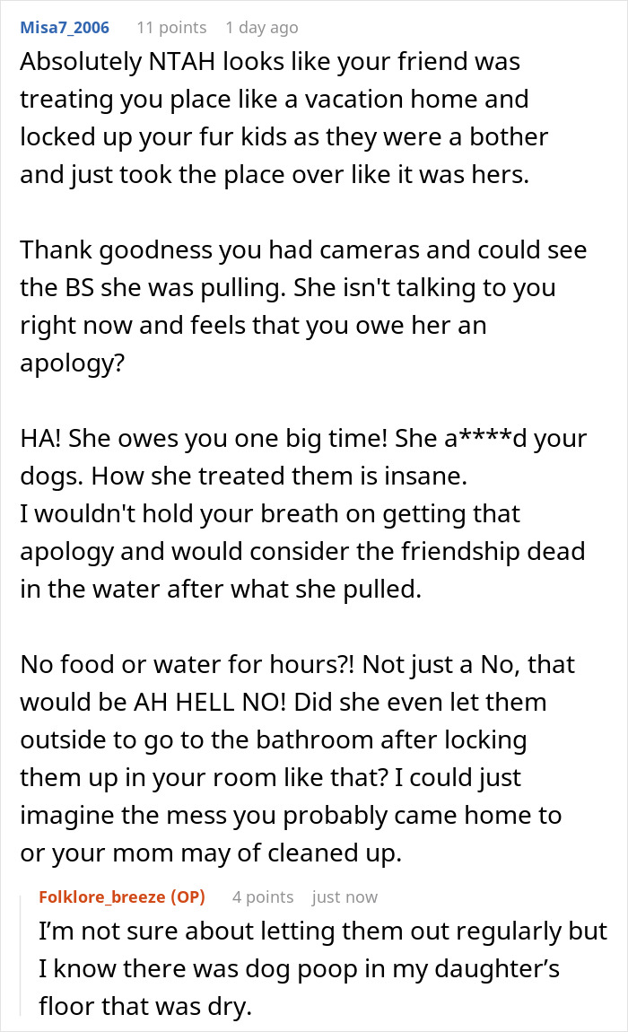 Online forum discussion about a friend locking up dogs for hours while their own dogs roam free during house sitting. Online forum discussion about a friend locking up dogs for hours while their own dogs roam free during house sitting.