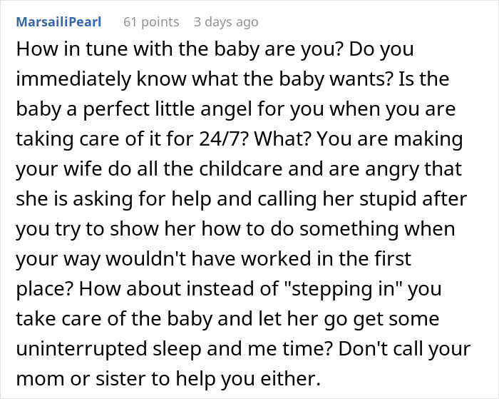 New mom struggling to care for baby while husband judges and refuses to help with childcare and support. New mom struggling to care for baby while husband judges and refuses to help with childcare and support.