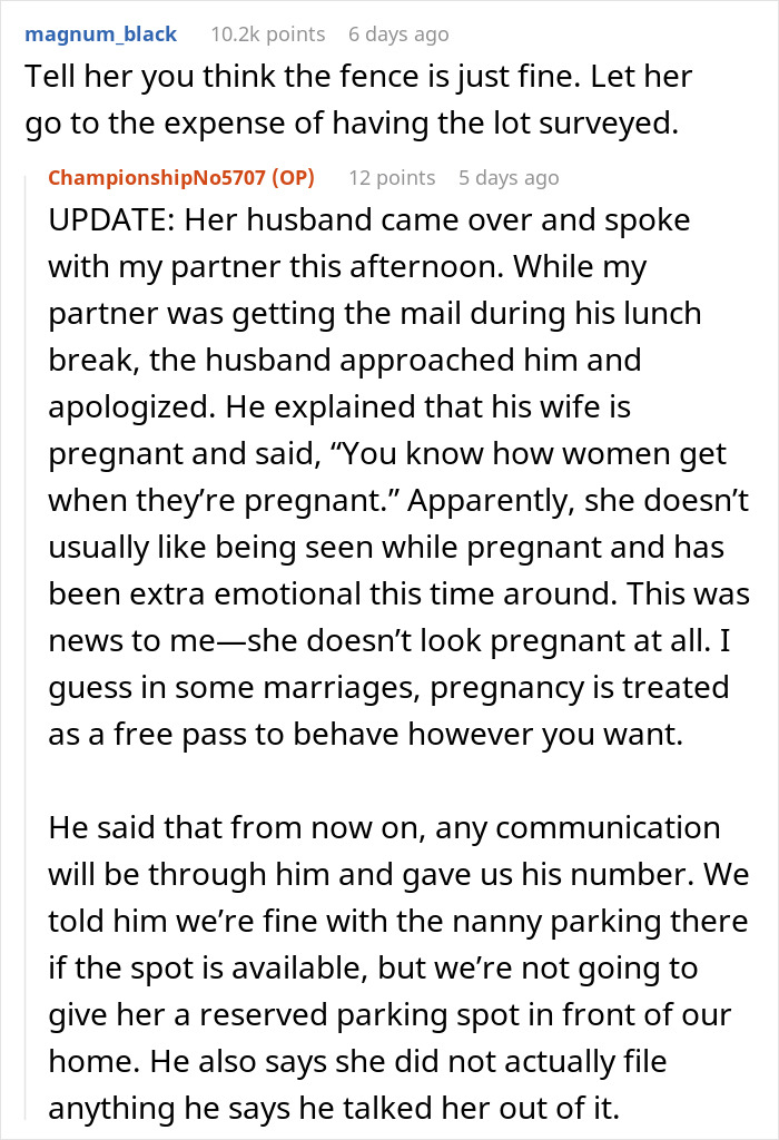 Conversation about neighbor upset over nanny parking in front of home, discussing boundary and communication between neighbors. Conversation about neighbor upset over nanny parking in front of home, discussing boundary and communication between neighbors.