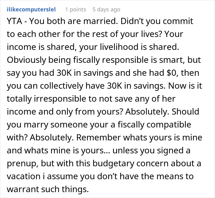Reddit comment discussing financial responsibility and shared expenses in marriage related to honeymoon ticket payments. Reddit comment discussing financial responsibility and shared expenses in marriage related to honeymoon ticket payments.