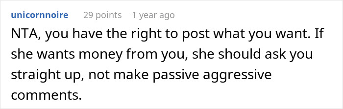 Screenshot of a Reddit comment discussing a woman rejecting her sister’s money requests amid family struggles.