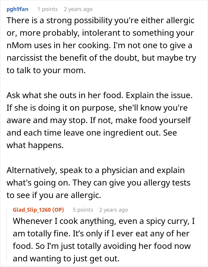 Reddit user discussing parents' food making daughter sick and suggesting allergy tests and ingredient checks.