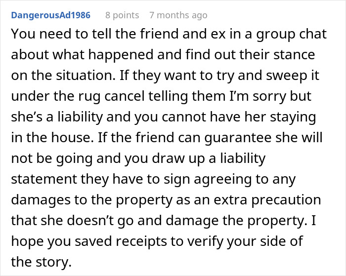 Comment advising a woman considering canceling her friend’s holiday booking due to issues with her bro’s girlfriend. Comment advising a woman considering canceling her friend’s holiday booking due to issues with her bro’s girlfriend.