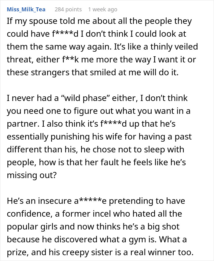 Comment discussing insecurity and intimacy boundaries in a husband, with people predicting divorce for him. Comment discussing insecurity and intimacy boundaries in a husband, with people predicting divorce for him.