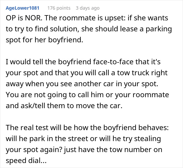 Text comment discussing a woman’s strategy to handle her roommate’s boyfriend stealing her parking spot by having his car towed. Text comment discussing a woman’s strategy to handle her roommate’s boyfriend stealing her parking spot by having his car towed.