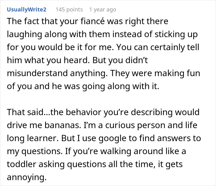 Screenshot of a forum post discussing a future MIL brand bride-to-be as stupid and fiancé laughing along. Screenshot of a forum post discussing a future MIL brand bride-to-be as stupid and fiancé laughing along.