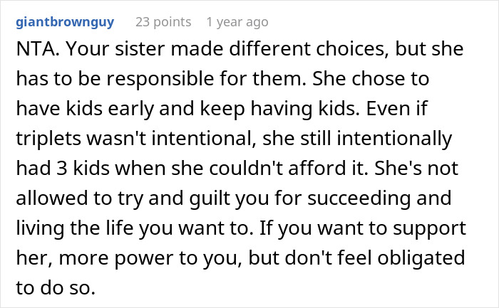Screenshot of an online comment discussing a woman rejecting her sister’s money requests and family tensions over Ibiza vacation posts.