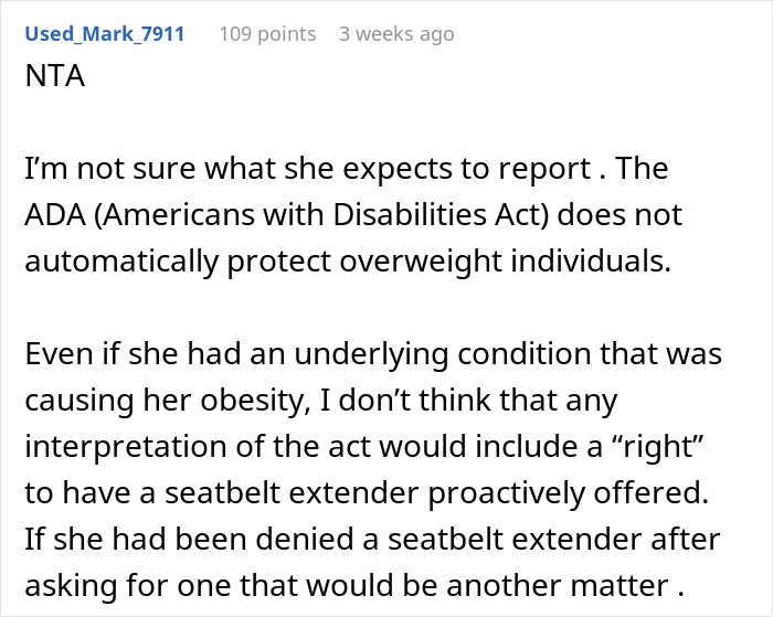 Text post discussing if flight attendant was wrong to not offer seatbelt extender immediately to overweight woman. Text post discussing if flight attendant was wrong to not offer seatbelt extender immediately to overweight woman.
