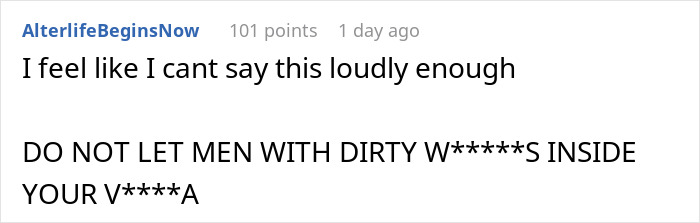 Screenshot of an online comment warning about partners prone to infections, refusing testing, affecting marriage plans. Screenshot of an online comment warning about partners prone to infections, refusing testing, affecting marriage plans.
