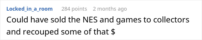 Screenshot of a Reddit comment discussing recovering money by selling NES and games after landlord finally gets rid of horrible tenants. Screenshot of a Reddit comment discussing recovering money by selling NES and games after landlord finally gets rid of horrible tenants.