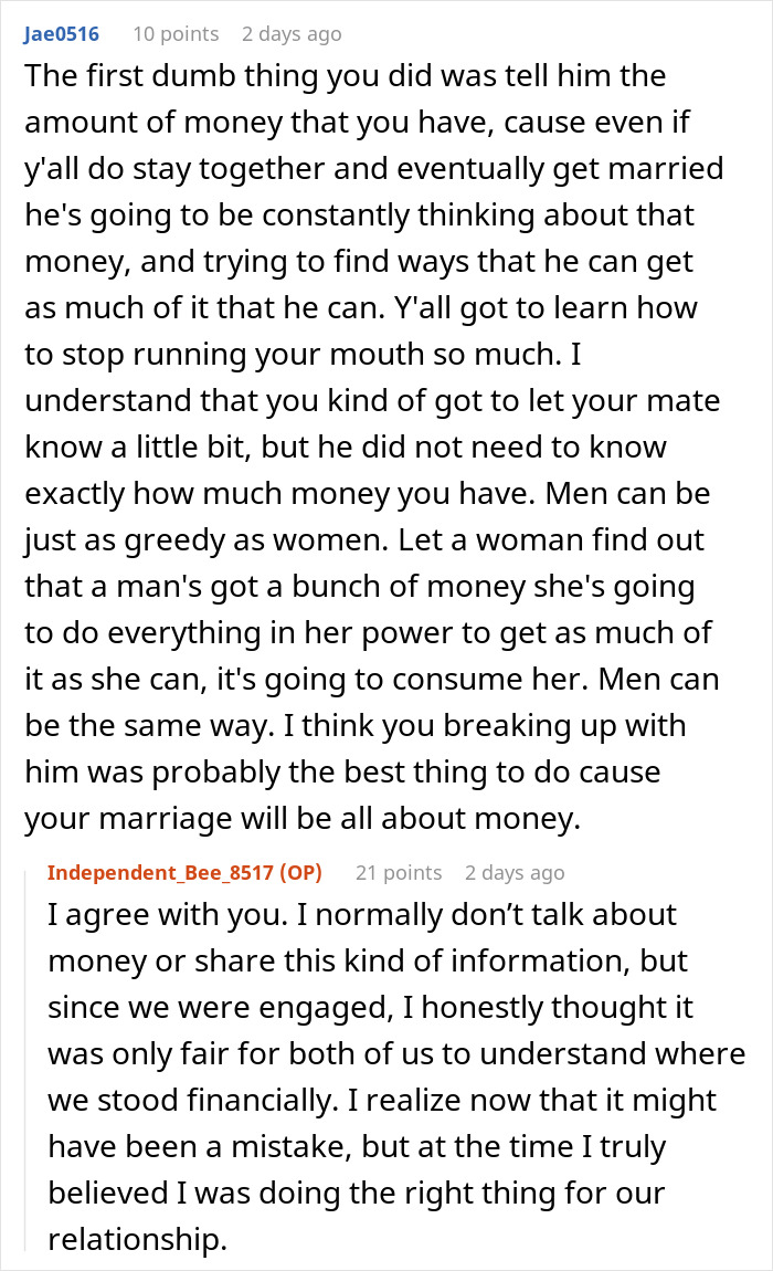 Comments discussing money sharing and ownership issues in a relationship before a breakup over house 50/50 ownership ultimatum. Comments discussing money sharing and ownership issues in a relationship before a breakup over house 50/50 ownership ultimatum.