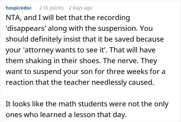 Comment discussing teacher scaring student in class and the resulting suspension controversy. Comment discussing teacher scaring student in class and the resulting suspension controversy.